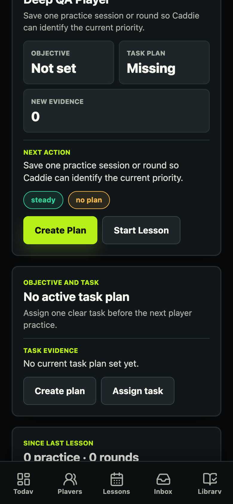 Ascend Golf coach player workspace screen
