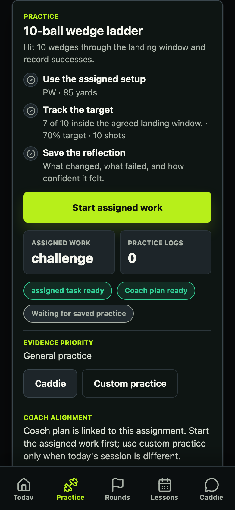 Ascend Golf player assigned practice screen